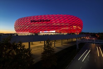 CL, Champions League evening, Allianz Arena, car park, illuminated, overview, blue hour, Munich,