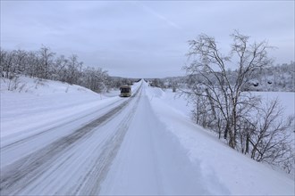 By motorhome on the wintry road 92 from Inari Finland to Karasjok Norway