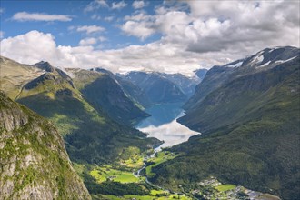 View of Loen and Lake Lovatnet from the Loen Skylift cable car, Hoven mountain, Nordfjord, Stryn,