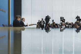 Olaf Scholz (SPD), Federal Chancellor, recorded at a federal press conference on current domestic