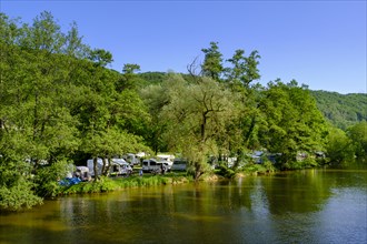 Kratzmühle campsite, on the Altmühl river, Altmühltal Nature Park, Upper Bavaria, Bavaria, Germany,