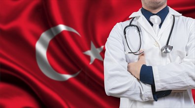 Doctor with stethoscope on flag of Turkey. Doctor with crossed arms on flag of Turkey, Turkish