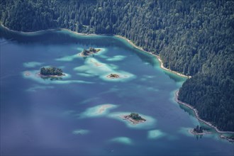 Detailed view of islands and forest at the Eibsee lake, Bavaria, Germany, Europe