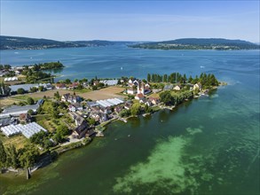 Aerial view of the island of Reichenau with the church of St. Peter and Paul in Niederzell on the