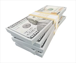 Stacks of one hundred dollar bills isolated on a white background