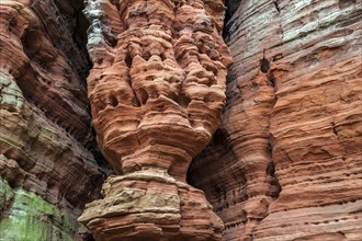 Eroded red sandstone, old castle rock, close-up, natural and cultural monument, Brechenberg near