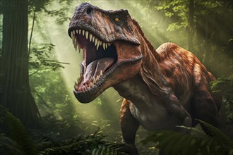 Tyrannosaur rex roaring in a prehistoric forest with lush vegetation, ferns and sunlight, AI