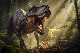 Tyrannosaur rex roaring in a prehistoric forest with lush vegetation, ferns and sunlight, AI