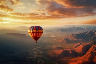 A colorful hot air balloon floats in sky over a desert mountain landscape at sunset with orange and