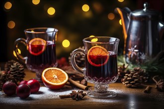 Glass of traditional mulled wine with orange and cranberry garnishes on a cozy Christmas table. The