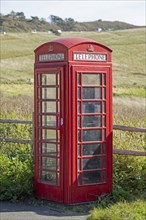 Traditional red telephone box, Cuckmere Haven, Seven Sisters, East Sussex, England, Great Britain