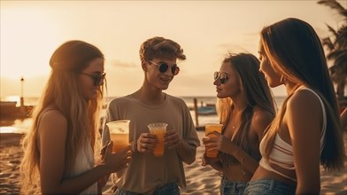 Young adult friends with tropical drinks enjoy the sunset on their vacation, generatvie AI, AI