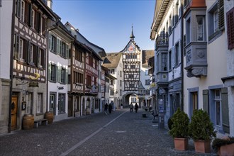 Pedestrian zone with old half-timbered buildings in the historic old town of Stein am Rhein, Canton