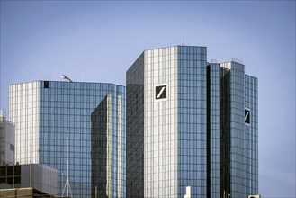 Deutsche Bank logo on both 155 metre high twin towers in the banking district, glass façade of the