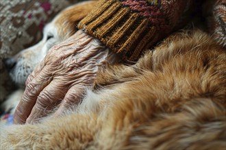 Close up of old senior person's hand in dog fur. KI generiert, generiert, AI generated