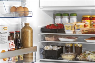 Cooled food and beverages in open fridge, refrigerator in kitchen