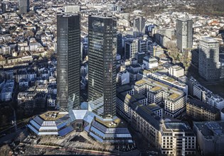 View of the 155 metre high twin towers of Deutsche Bank, corporate headquarters, city view of