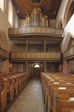 Organ and empty pews, interior view, collegiate church, Feuchtwangen, Middle Franconia, Franconia,