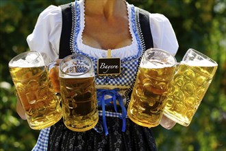 A waitress in a dirndl serves four litres of beer in a beer mug, Oktoberfest, Munich, Germany,