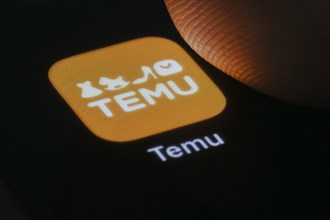 The logo of the Temu app (online marketplace) from Chinese company PDD Holdings can be seen next to