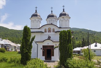 A white church with several domes, surrounded by green vegetation and blue sky, Orthodox Nunnery