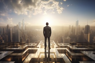 Man in a suit standing on a rooftop with a view of the city skyline at sunrise with clouds and