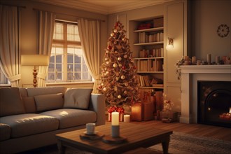 A cozy interior living room with burning fireplace decorated for Christmas with a Christmas tree