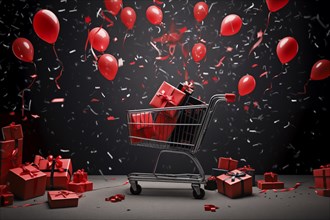 A black Friday Sale concept, black present boxes with red ribbons in shopping cart on a black