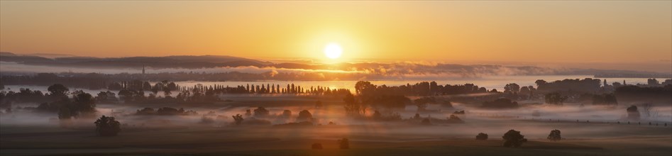 Early morning fog with sunrise over the Radolfzeller Aachried, Lake Constance behind, Radolfzell,