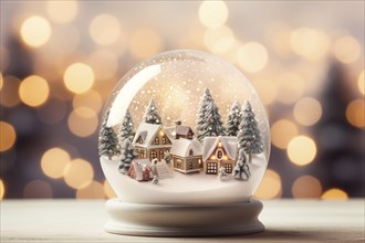 Winter Wonderland with house and trees in Glass Ball Snow Globe on table and blurred bokeh