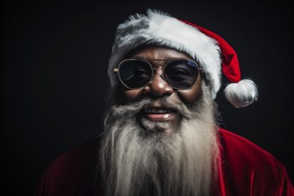 Modern black Santa Claus in Santa hat with sunglasses and long white beard, smiling while looking