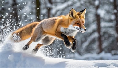 A red fox in winter fur jumps in the snow in a winter landscape, AI generated