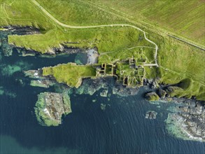 Aerial view of Girnigoe and Sinclair Castle ruins, rock castle on the North Sea coast, Wick, County