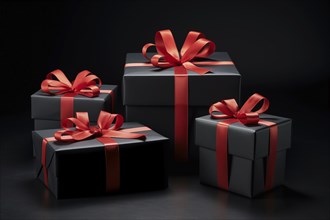 A black Friday Sale concept with black present boxes with red ribbons on a black background, AI