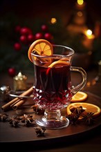 Glass of traditional mulled wine with orange and cranberry garnishes on a cozy Christmas table. The