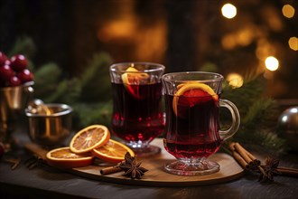 Two glasses of traditional mulled wine with orange and cranberry garnishes on a cozy Christmas