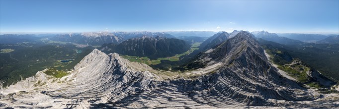 Alpine panorama, aerial view, Westliche Wettersteinspitze, Wetterstein Mountains, Bavaria, Germany,