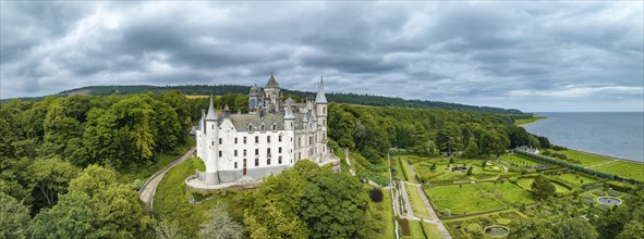 Aerial panorama of Dunrobin Castle, Golspie, Sutherland, Highlands, Scotland, United Kingdom,