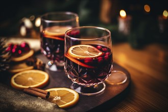 Two glasses of traditional mulled wine with orange and cranberry garnishes on a cozy Christmas