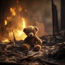 War children tragedy concept, sad teddy bear left in ruins of house destroyed at war, AI generated