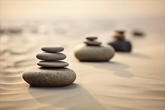 Zen stones stacks on sand waves in a minimalist setting for balance and harmony. Balance, harmony,