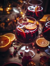 Glass of traditional mulled wine with orange and cranberry garnishes on a cozy Christmas table. The