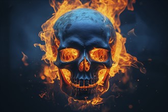 Spooky and scary burning skull on a dark blue background. Perfect for Halloween or horror-themed