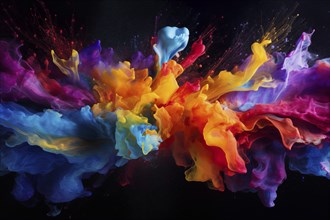 Abstract background of vibrant colorful paint splashes on black background, AI generated