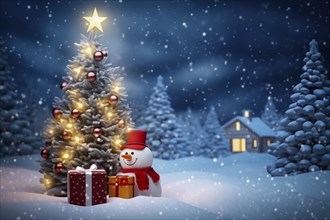 Peaceful and serene Christmas scene with a decorated Christmas tree with gifts presents and a cute