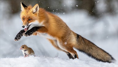 A red fox in winter fur jumping in pursuit of a mouse in the snow in a winter landscape, AI