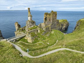 Aerial view of Girnigoe and Sinclair Castle ruins, rock castle on the North Sea coast, Wick, County