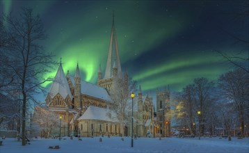 Winter Snow Night Northern Lights Cathedral Nidaros Trondheim Norway