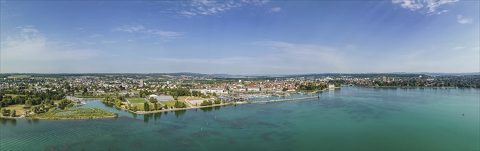 Aerial panorama of the city of Kreuzlingen in Switzerland with the Seeburgpark and Constance in