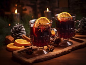 Two glasses of traditional mulled wine with orange and cranberry garnishes on a cozy Christmas